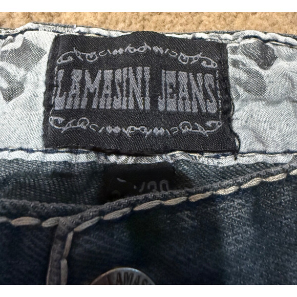 Lamasini Jeans Mens Distressed Embroidered Y2K Grunge 34W 29L - Picture 5 of 13